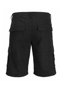Black cargo shorts made from cotton, featuring a straight cut, multiple side pockets, and an elastic waistband.