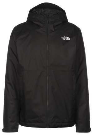 Czarna wodoodporna kurtka z kapturem, z zamkiem z przodu i logo „The North Face” na lewej piersi.