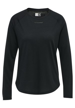 Long-sleeve black sports shirt made of soft fabric, featuring a rounded neckline, raglan sleeves, and a subtle logo on the front.