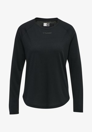 Zwarte sportshirt met lange mouwen, gemaakt van zachte stof, met een ronde halslijn, raglanmouwen en een subtiele logo op de voorkant.