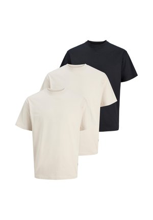 Tre ensfarvede T-shirts med korte ærmer og rund hals i beige og sort, arrangeret forfra og bagud på hvid baggrund.
