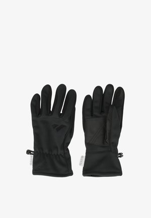 Sorte isolerede handsker lavet af softshell-materiale. Har en tætsiddende pasform, teksturerede grip-detaljer på håndfladerne og justerbare håndledslukninger.