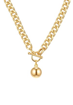 Grove gouden ketting met een schakelbloksluiting en een glad, rond gouden hangertje dat in het midden hangt.