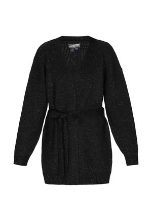 Schwarze Strickjacke mit langen Ärmeln und einem Taillengürtel, ausgestattet mit einem V-Ausschnitt sowie gerippten Bündchen und Saum.