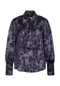 Langärmlige Bluse aus grauem Satin mit einem schwarzen Leopardenmuster, einer Schleife am Kragen und gerafften Manschetten mit elastischen Details.