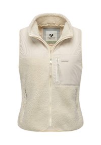 Hellbeige Fleece-Weste mit einem gesteppten Design auf der Vorderseite. Zwei mit Reißverschluss versehene Taschen und ein hoher Kragen. Glatte Textur aus weichem, warmem Material.
