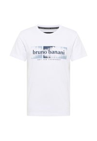 Vitt bomullströja med en blå grafisk tryck som har texten "bruno banani" och "NOT FOR EVERYBODY" i mitten. Rund halsringning.