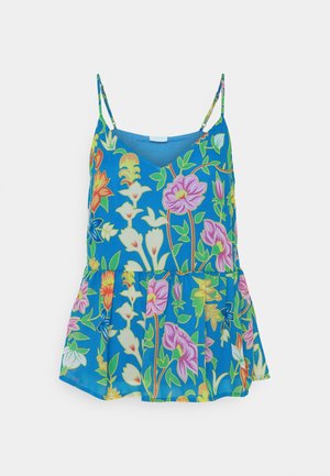 Blauwe mouwloze blouse met dunne bandjes en een levendig, meerkleurig bloemenpatroon, voorzien van een peplumzoom en een V-hals.
