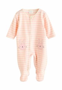 Rosa gestreifter Baby-Overall mit langen Ärmeln, der zwei Hasen-Applikationen auf der Vorderseite und einen Reißverschluss vorn hat. Weicher Stoff.