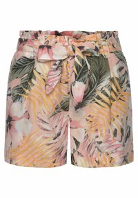 Blomstershorts med en pastel pink baggrund, grønne blade og gule accenter. Inkluderer et stofbælte og elastisk talje.