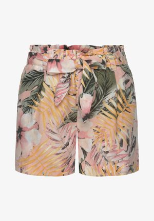 Květinové šortky s pastelově růžovým pozadím, s zeleným listím a žlutými akcenty. Obsahují látkový pásek a elastický pas.