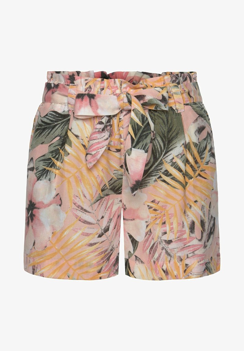 Shorts fleuris avec un fond rose pastel, des feuillages verts et des accents jaunes. Comprend une ceinture en tissu et une taille élastique.
