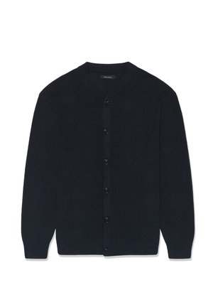 Tengerészkék kardigán bordázott kötött anyagból, kerek nyakkivágással, gombos elülső résszel és hosszú ujjal.