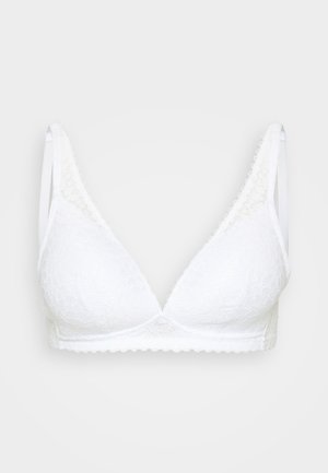 White lace bralette with a triangular cup shape, featuring scalloped edges and adjustable shoulder straps. Soft texture with delicate pattern.
