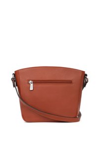 Borsa a tracolla in pelle marrone con una forma strutturata, tasca frontale con cerniera, tracolla regolabile e texture liscia. Adatta per l'uso quotidiano.