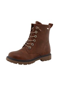 Stivaletti alla caviglia marroni con lacci, realizzati in pelle sintetica con una texture liscia, occhielli metallici e suola in gomma robusta. Accentuati da cuciture decorative.