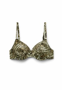 BH med ett mönster av leopard och palmblad i gröna, bruna och beige nyanser. Den har justerbara axelband och en sömlös design.