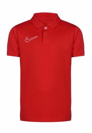 T-shirt polo rouge en coton, avec un col classique et des manches courtes. Il arbore un logo Nike blanc brodé sur la poitrine gauche.