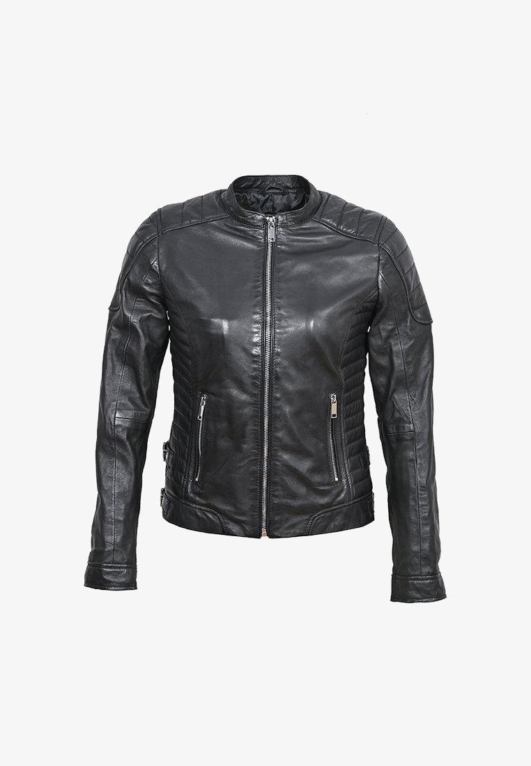 Czarna skórzana kurtka o dopasowanym kroju, z zamkiem błyskawicznym, pikowanymi akcentami na ramionach oraz dwiema przednimi kieszeniami zapinanymi na zamek.