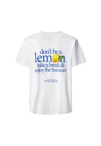 White cotton t-shirt featuring blue text and a yellow lemon graphic with green leaf. Text reads: "don't be a lemon. take a break & enjoy the Summer."