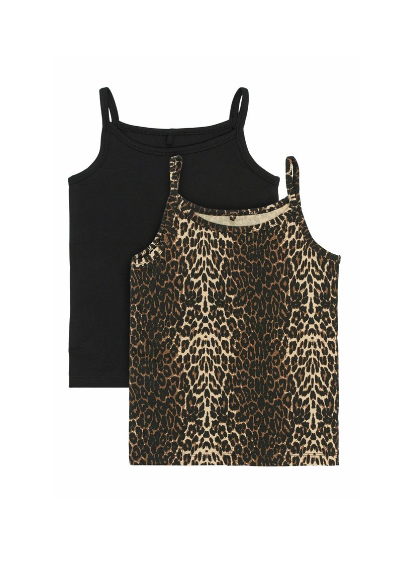 Duos liemenėlių: vienas tamsiai juodas, o kitas - su leopardų raštu smėlio ir rudos spalvos, su plonomis petnešomis ir minkšta medžiagos tekstūra.