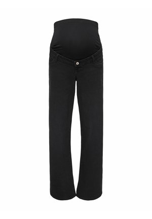 Jean de maternité noir avec panneau extensible au-dessus du ventre, bouton à l'avant, passants pour ceinture et jambes droites sur fond blanc.