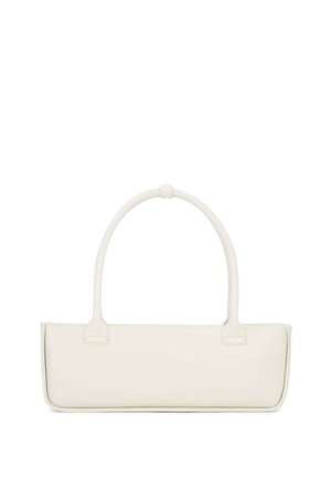 Sac à bandoulière rectangulaire couleur blanc cassé avec des bords arrondis et une longue anse unique. Design minimaliste avec une surface en cuir lisse.