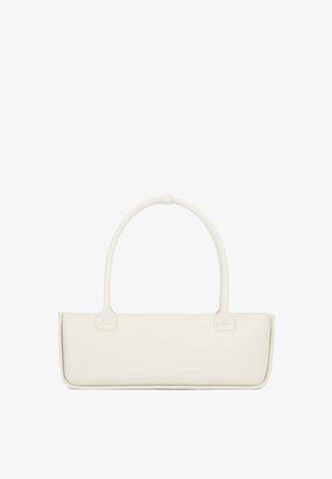 Prostokątna, kremowobiała torba na ramię z zaokrąglonymi krawędziami i długim pojedynczym uchwytem. Minimalistyczny design z gładką skórzaną powierzchnią.