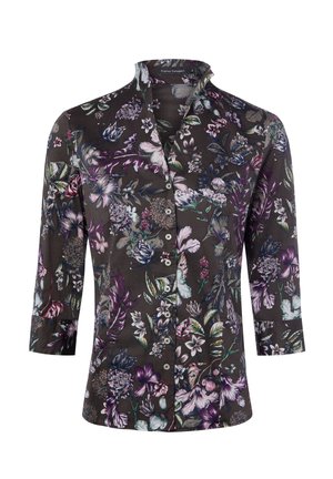 Blouse met lange mouwen en knopen, donkere achtergrond en meerkleurige bloemenprint in tinten paars, wit en groen
