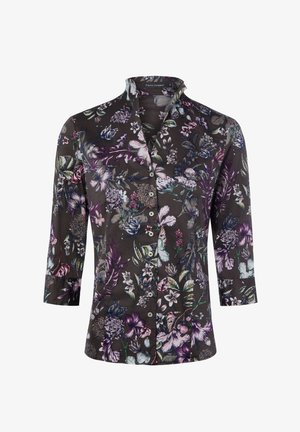 Blouse met lange mouwen en knopen, donkere achtergrond en meerkleurige bloemenprint in tinten paars, wit en groen