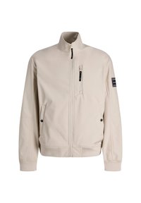 Veste beige zippée avec un col haut, deux poches latérales à fermeture à pression, une poche poitrine et des poignets côtelés. Finition en tissu lisse et léger.