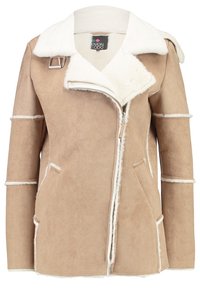Beige suede jacket with white faux fur lining, asymmetrical front zipper, wide collar with buckle, and side pockets.