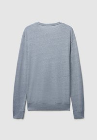 Felpa grigia chiara con maniche lunghe, colletto a girocollo e polsini e orlo a costine. Il tessuto sembra morbido con una sottile texture e senza motivi visibili.