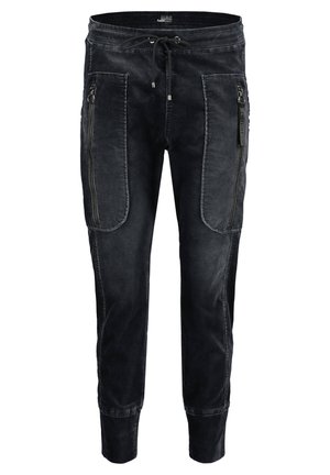 Pantalon de jogging noir avec taille à cordon, grandes poches avant zippées et chevilles à revers dans une finition tissu délavé.