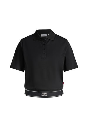 Crna polo majica s kratkim rukavima, kopčanjem na gumbe i elastičnim pojasom s logotipom "JOOP! JEANS."