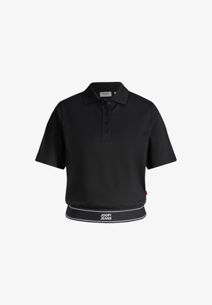 Crna polo majica s kratkim rukavima, kopčanjem na gumbe i elastičnim pojasom s logotipom "JOOP! JEANS."