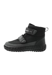 Stivale invernale nero e grigio con due cinghie in Velcro, suola texturizzata e linguetta sul retro. Marchio Reima TEC sulla cinghia superiore.