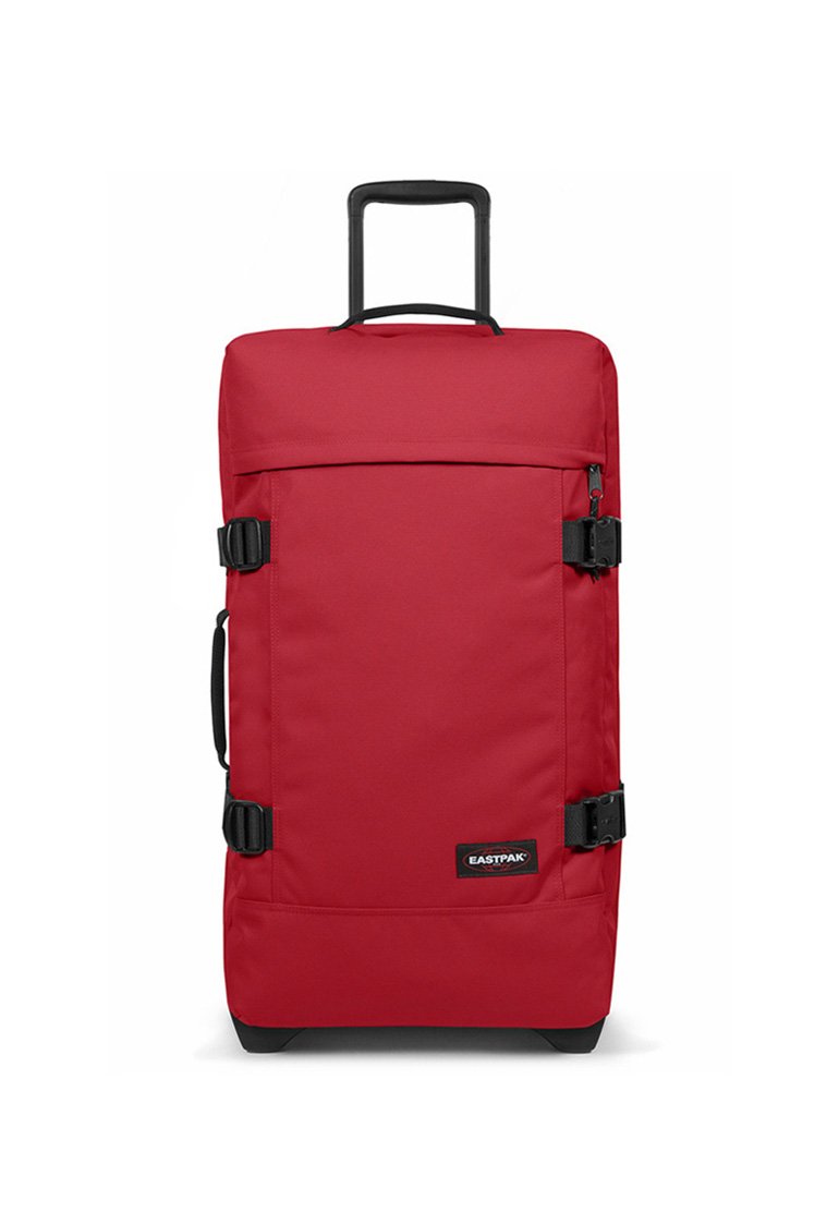 Valigia rossa con ruote, dal design rettangolare, realizzata in tessuto resistente, con accessori neri, fibbie laterali e manico telescopico.