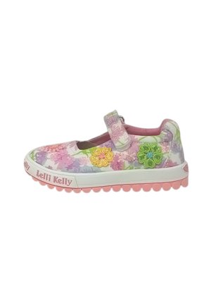Scarpa Mary Jane per bambina con motivo floreale, cinturino in Velcro, decorata con fiori di stoffa colorati e suola rosa in gomma con scritta "Lelli Kelly".