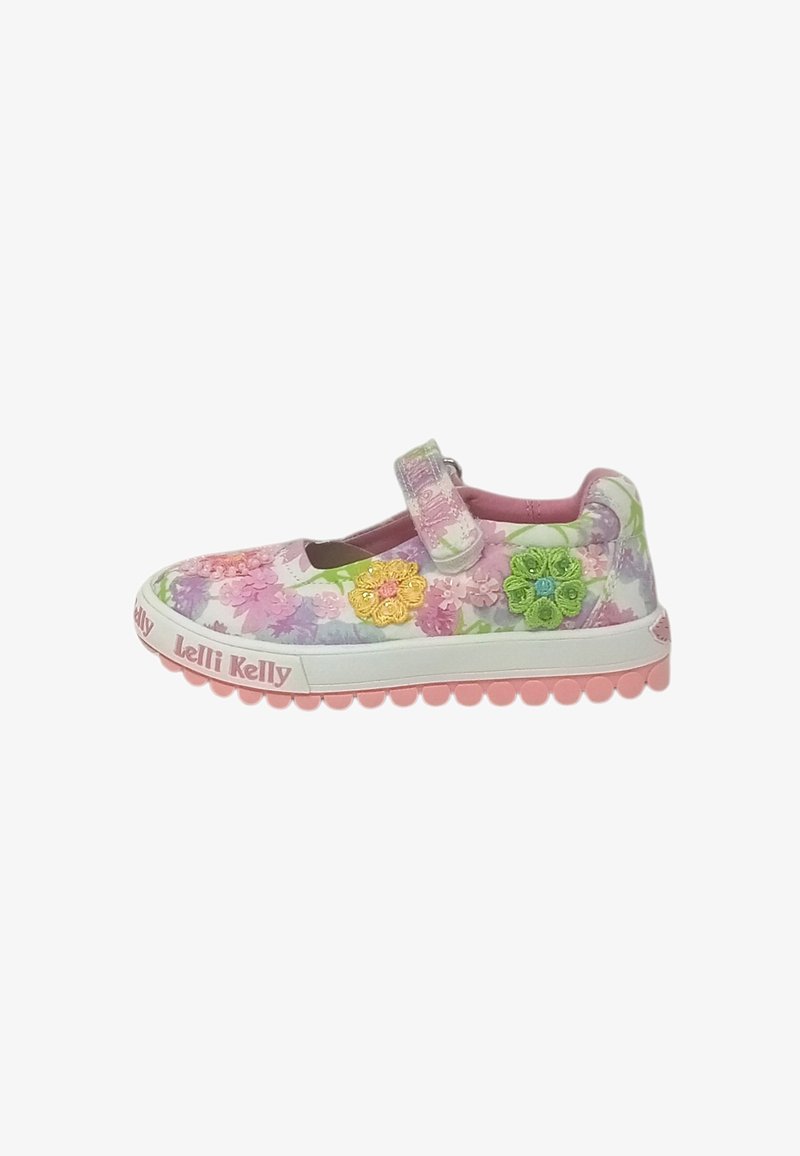Scarpa Mary Jane per bambina con motivo floreale, cinturino in Velcro, decorata con fiori di stoffa colorati e suola rosa in gomma con scritta "Lelli Kelly".