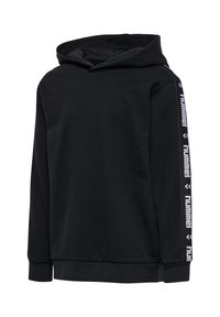 Schwarzer Hoodie aus weichem Stoff, mit einer Fronttasche, verstellbarem Kordelzug und weißen Logo-Tapes an den Ärmeln.