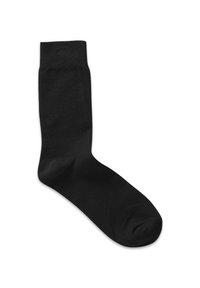 Schwarze Baumwollsocke mit glatter Textur, geripptem Bündchen und einem Knöchelhöhen-Design. Einfach und einheitlich in der Farbe ohne Muster oder Akzente.