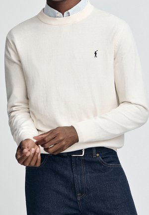 Uomo che indossa un maglione bianco girocollo con un piccolo logo nero di un giocatore di polo, jeans blu scuro e una camicia celeste con colletto sotto.
