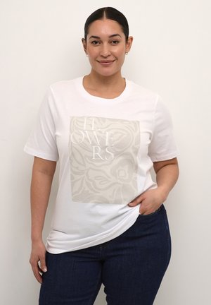 White cotton t-shirt with short sleeves, featuring a large, light beige floral graphic and the word "FLOWERS" in white lettering across the front.