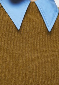 Ruskeaksi raidoitettu villapaita, jossa on erottuva vaaleansininen kärjellinen kaulus. Paidassa on esteettinen, tekstuurinen kangas, joka tuo visuaalista kiinnostavuutta ja syvyyttä.