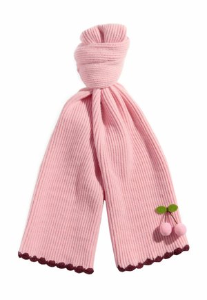 Pink ribbed scarf with a scalloped maroon edge; features felt cherry accents with green leaves. Soft texture, lightweight design.