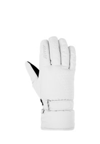 Guanto invernale bianco con un motivo geometrico testurizzato, accento nero sul pollice e un cinturino regolabile per una vestibilità aderente.