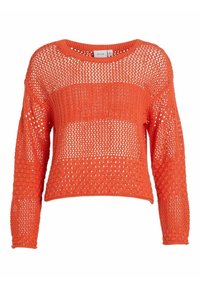 Virkat tröja i stark orange, med en lös, öppen stickning, långa ärmar och cropped passform. Strukturerat mönster genomgående.