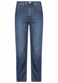 Jeans de mezclilla azul oscuro con pierna recta, cintura alta, diseño de cinco bolsillos y cierre frontal con botón. Presenta detalles de costura sutiles.