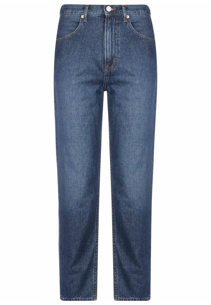 Jeans de mezclilla azul oscuro con pierna recta, cintura alta, diseño de cinco bolsillos y cierre frontal con botón. Presenta detalles de costura sutiles.